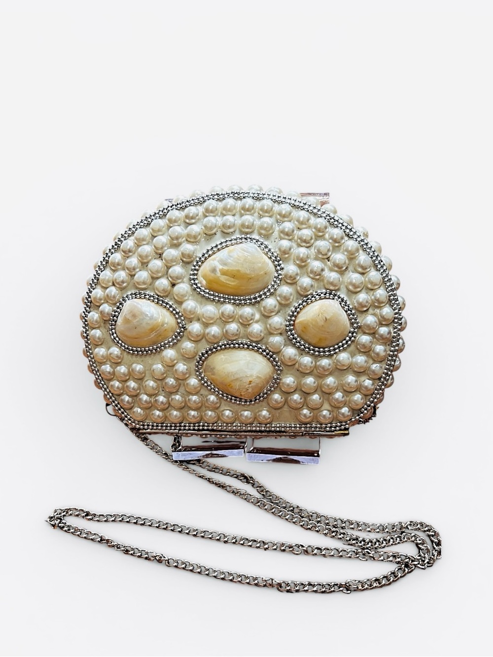Vintage Pearl Shell Minaudiere Clutch Bag Purse Silver Chain